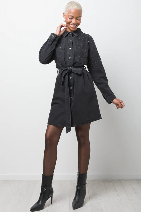 Belted Denim Dress With Sequins Black
