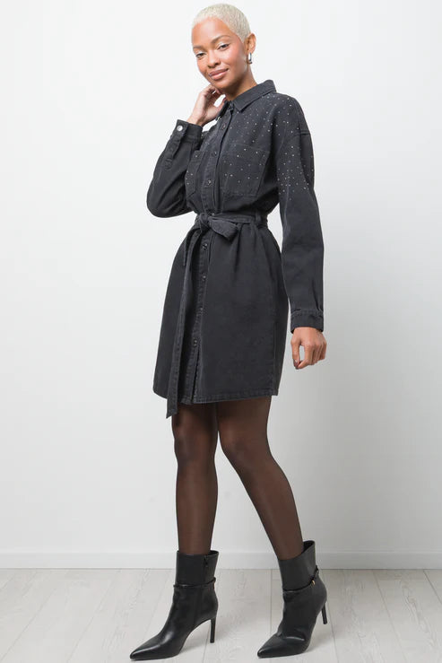 Belted Denim Dress With Sequins Black