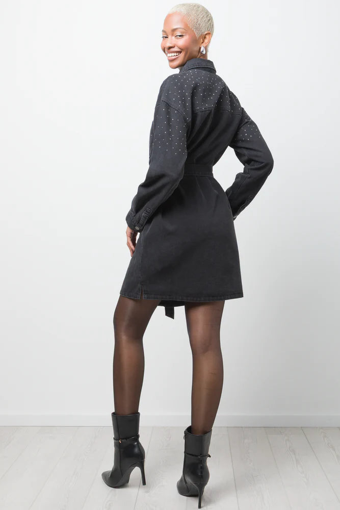 Belted Denim Dress With Sequins Black